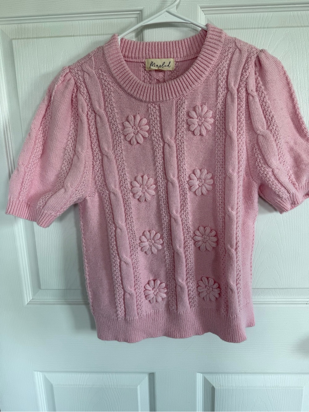 Marled Pink Floral Cable Knit Short Sleeve Sweater M Cottagecore Fall